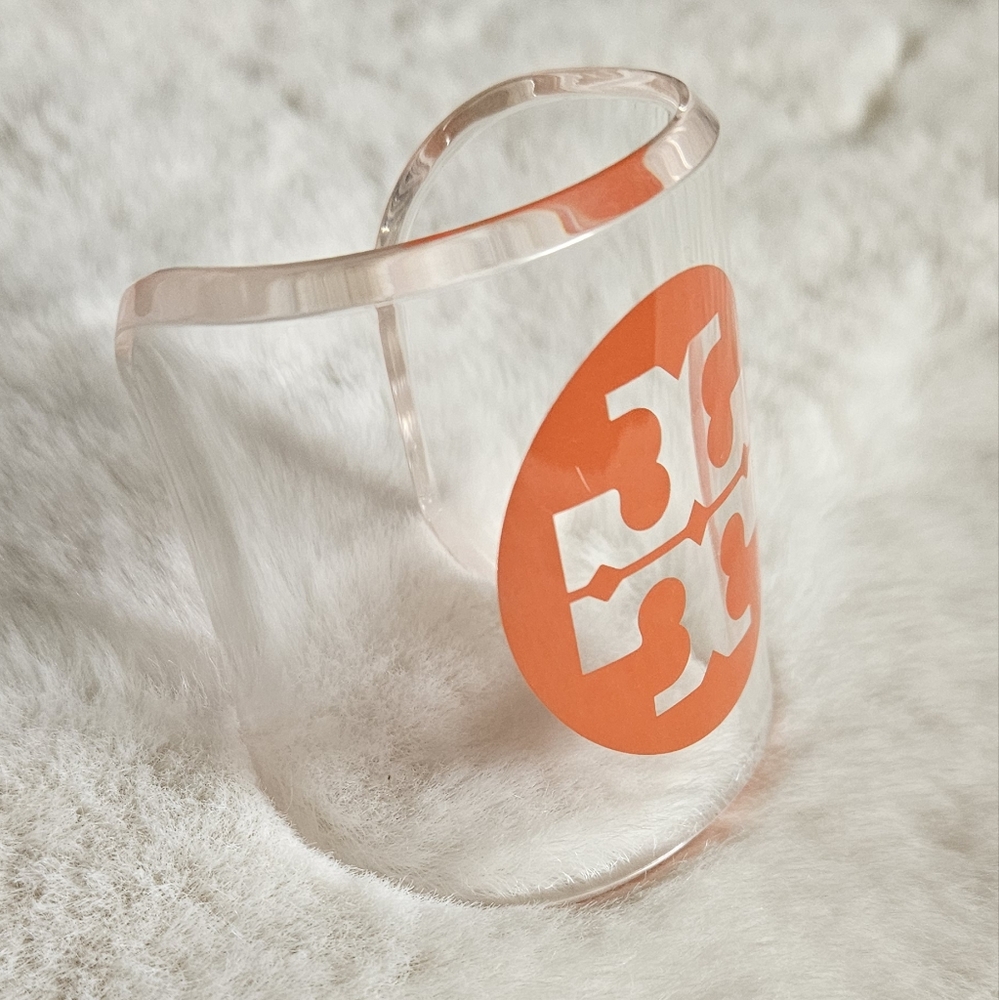 NEW clear Tory Burch logo cuff bracelet Acrylic Lucite resin *orange*